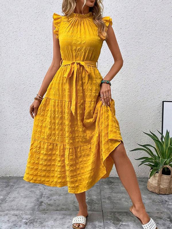 Gloversville Fashion Ruffled Flying Sleeve Lace-up Textured Dress