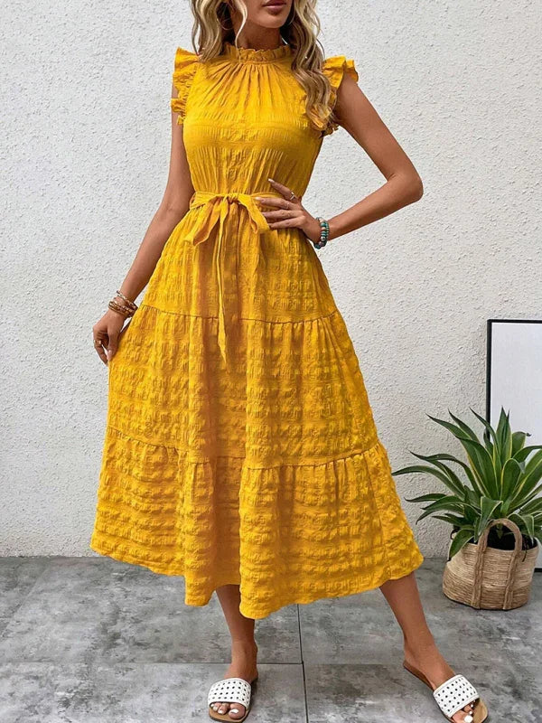 Gloversville Fashion Ruffled Flying Sleeve Lace-up Textured Dress