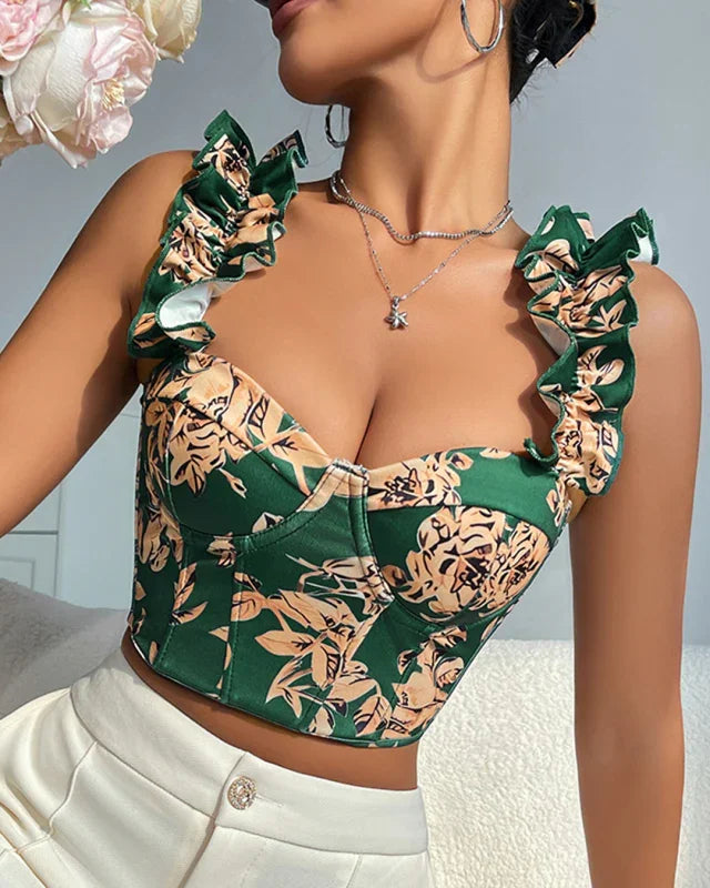 Linden V-neck sexy print with breast pads fishbone slimming top