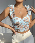 Linden V-neck sexy print with breast pads fishbone slimming top