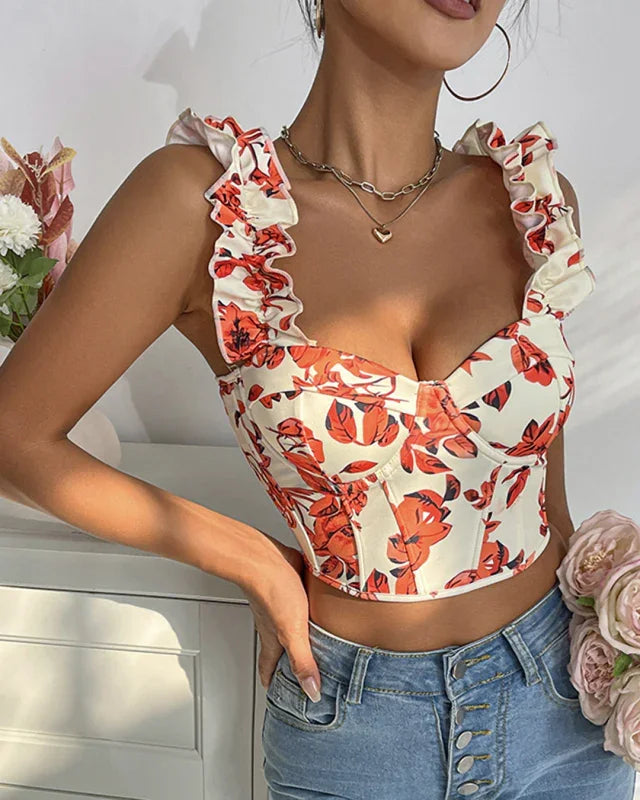 Linden V-neck sexy print with breast pads fishbone slimming top