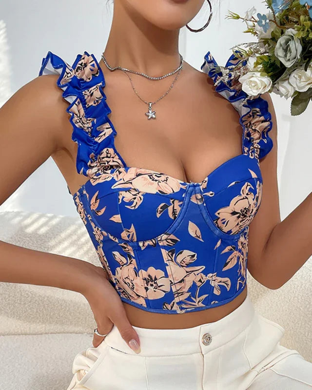 Linden V-neck sexy print with breast pads fishbone slimming top
