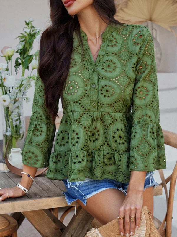 Canarsie Solid color hollow v-neck three-quarter sleeve shirt