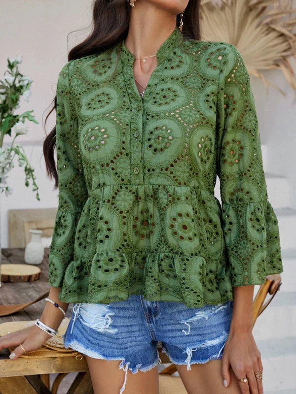 Malery Solid color hollow v-neck three-quarter sleeve shirt