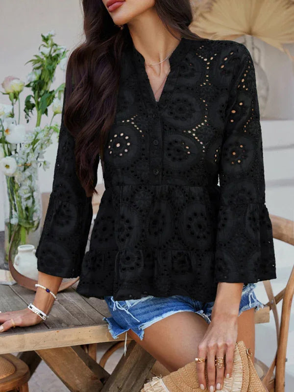 Canarsie Solid color hollow v-neck three-quarter sleeve shirt