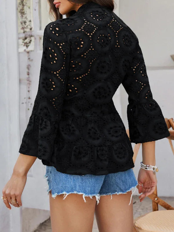 Malery Solid color hollow v-neck three-quarter sleeve shirt