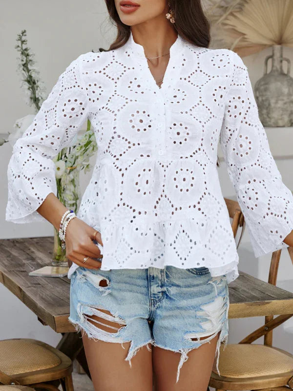 Malery Solid color hollow v-neck three-quarter sleeve shirt