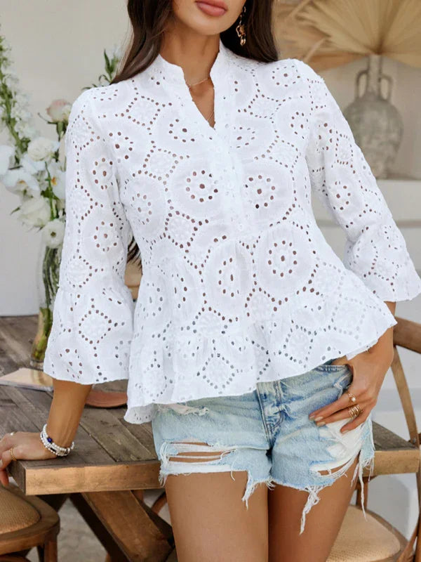 Malery Solid color hollow v-neck three-quarter sleeve shirt
