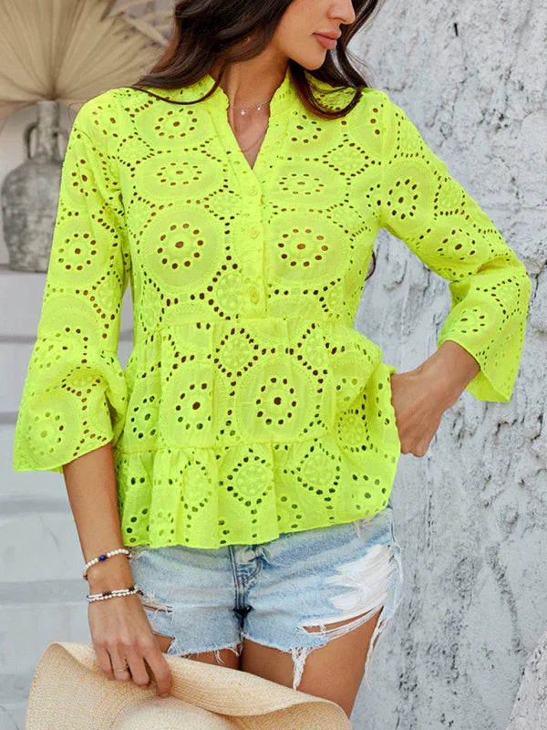 Canarsie Solid color hollow v-neck three-quarter sleeve shirt