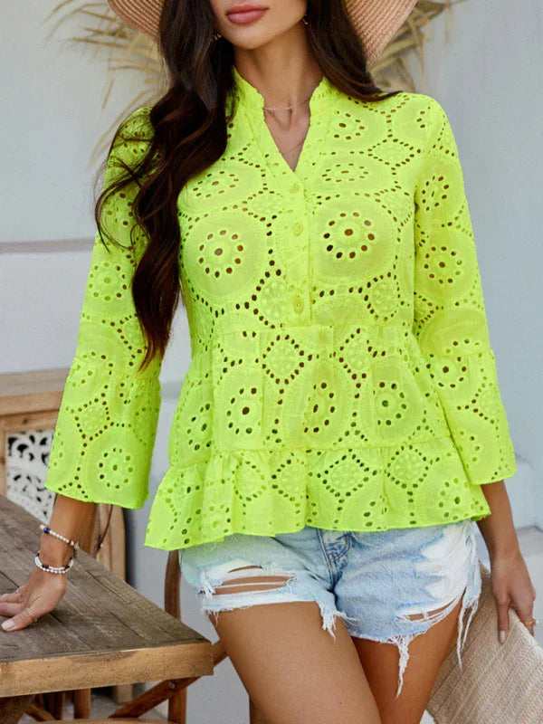 Canarsie Solid color hollow v-neck three-quarter sleeve shirt