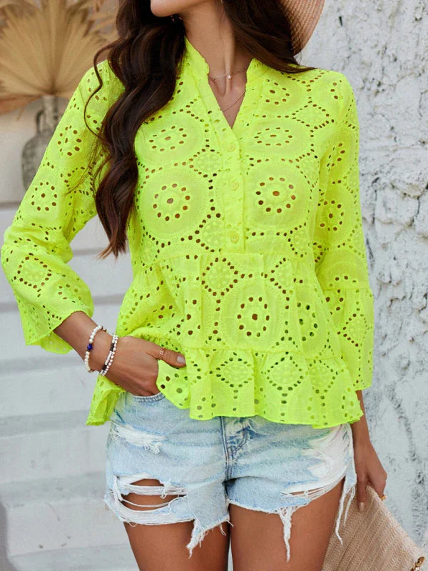 Malery Solid color hollow v-neck three-quarter sleeve shirt