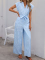 Rosario Sleeveless V-neck blue and white vertical striped jumpsuit