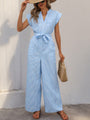 Rosario Sleeveless V-neck blue and white vertical striped jumpsuit