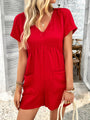Indhira Bohemian casual solid color sexy hollow short-sleeved jumpsuit