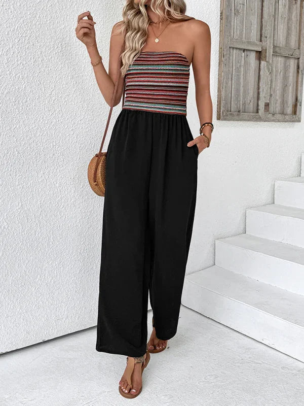 Natha Casual simple jumpsuit elastic stitching striped jumpsuit