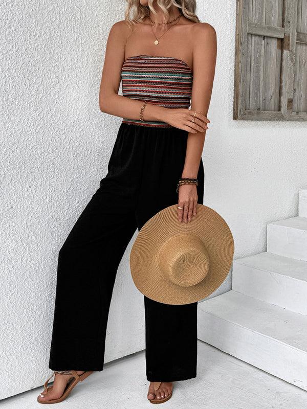 Natha Casual simple jumpsuit elastic stitching striped jumpsuit