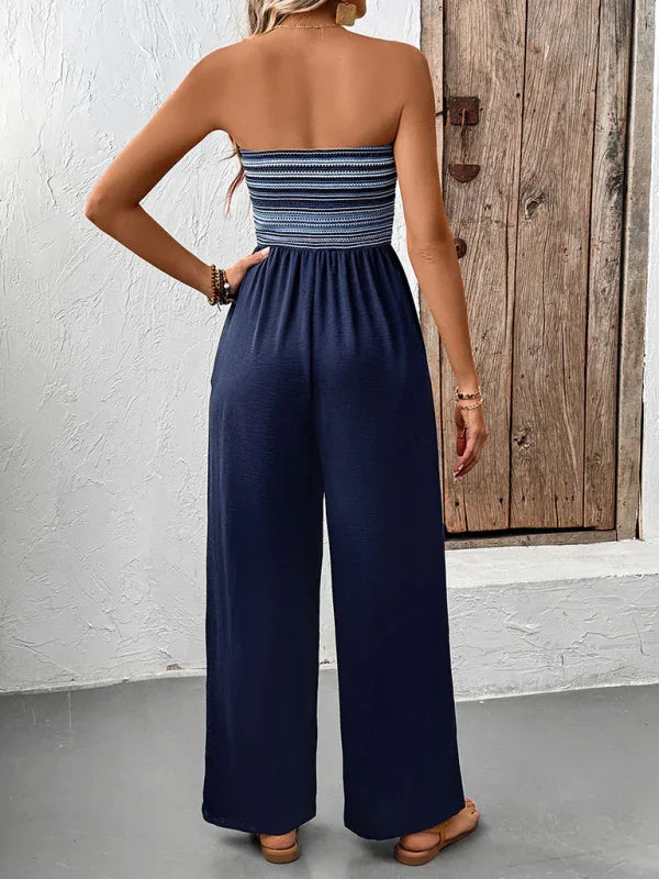 Natha Casual simple jumpsuit elastic stitching striped jumpsuit