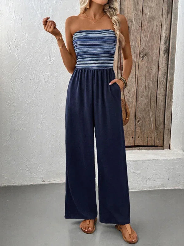Natha Casual simple jumpsuit elastic stitching striped jumpsuit