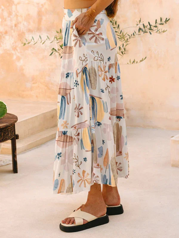 Shakira White Plant Print Bohemian Holiday Beach Skirt