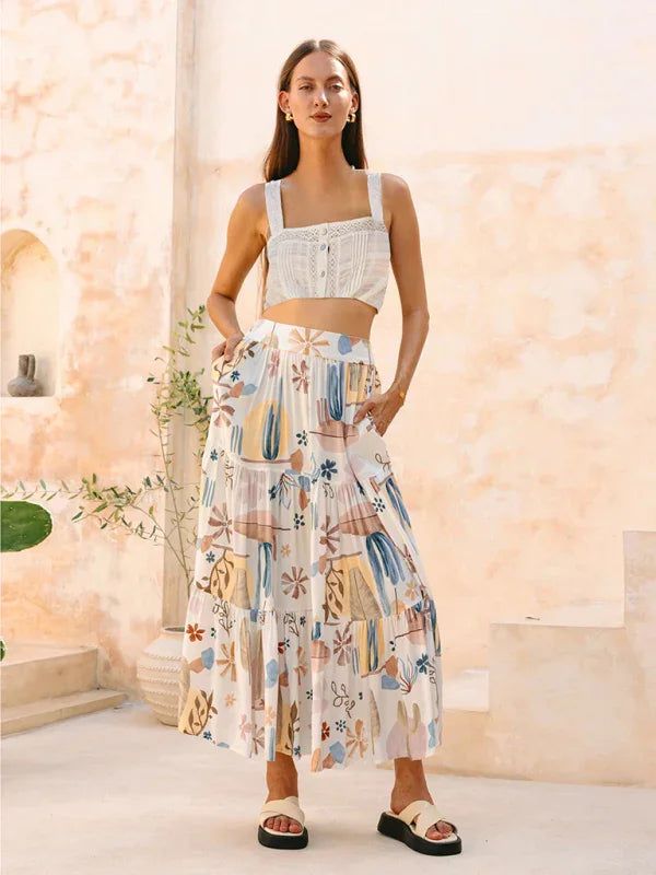 Shakira White Plant Print Bohemian Holiday Beach Skirt