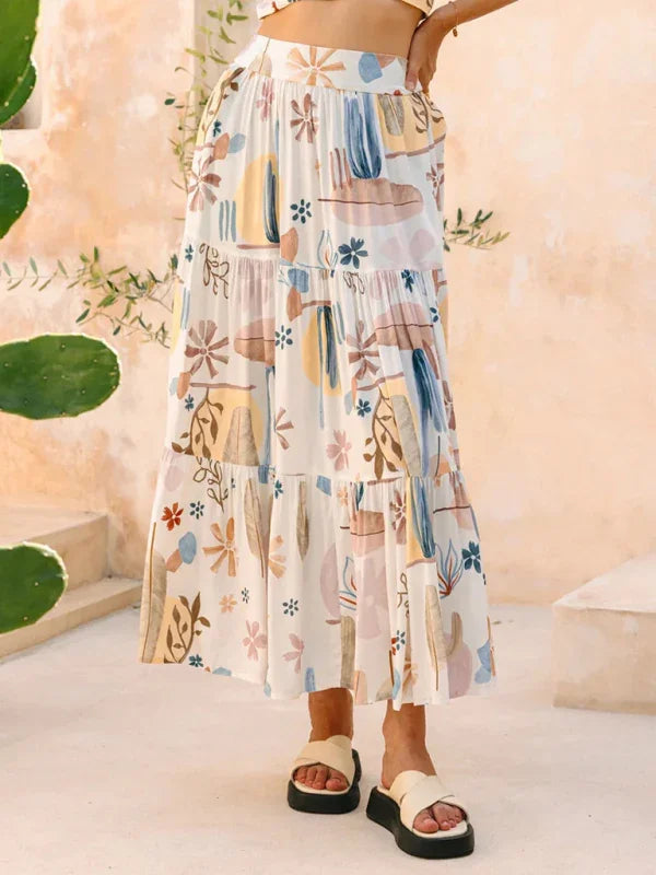 Shakira White Plant Print Bohemian Holiday Beach Skirt