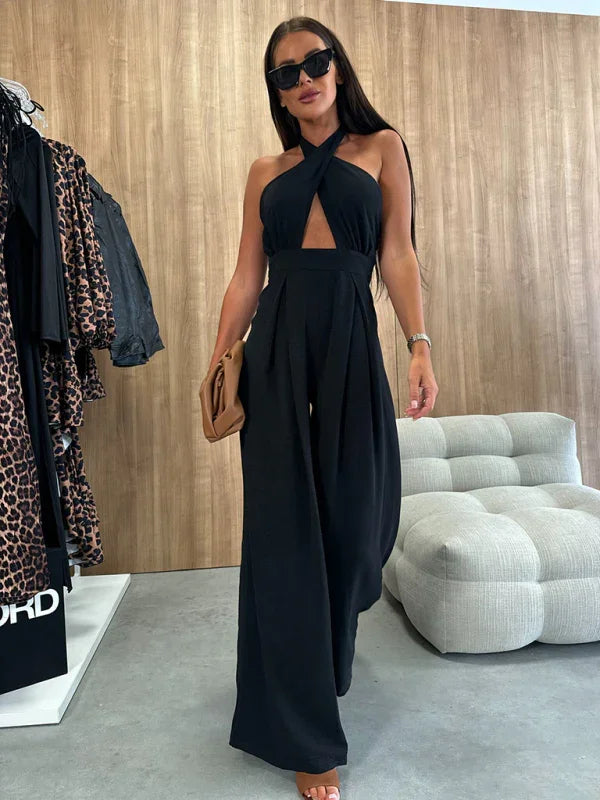 Penelope Solid color sleeveless off-shoulder sexy halter neck waist jumpsuit