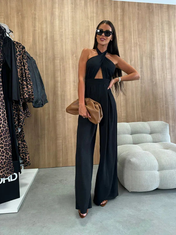 Penelope Solid color sleeveless off-shoulder sexy halter neck waist jumpsuit