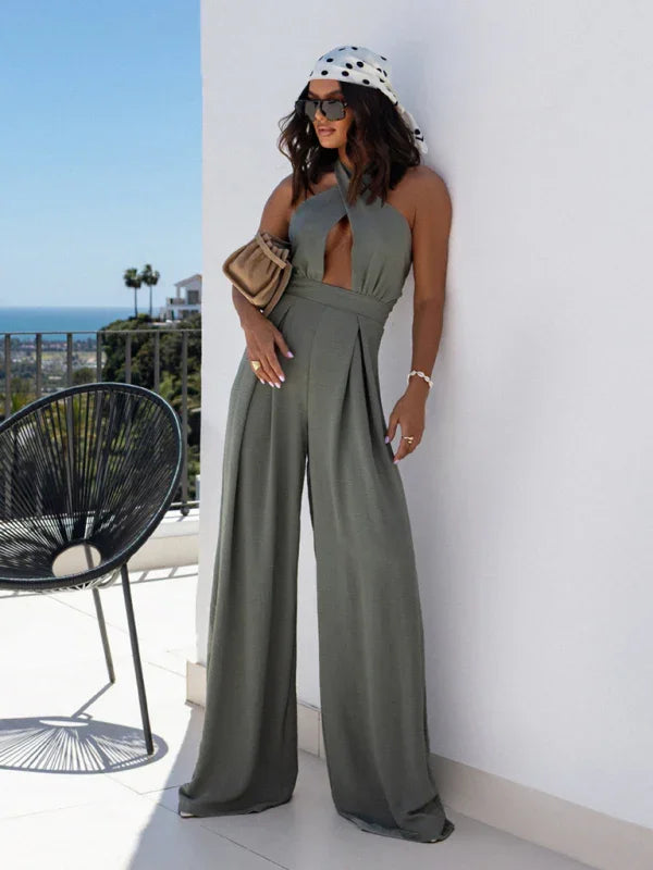 Penelope Solid color sleeveless off-shoulder sexy halter neck waist jumpsuit