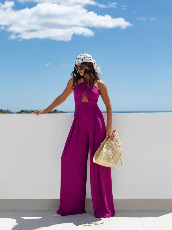 Penelope Solid color sleeveless off-shoulder sexy halter neck waist jumpsuit