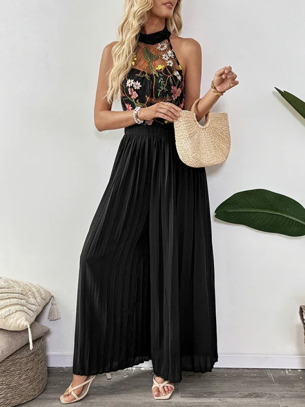 Robin Sleeveless See-through Neck Lace Embroidery Splicing Wide Leg Jumpsuit