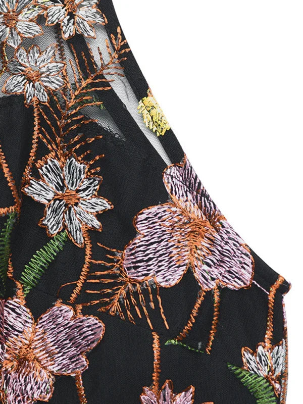 Robin Sleeveless See-through Neck Lace Embroidery Splicing Wide Leg Jumpsuit