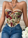 Passaic Street retro flower print chest wrap lace fishbone small vest