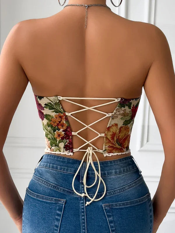 Passaic Street retro flower print chest wrap lace fishbone small vest