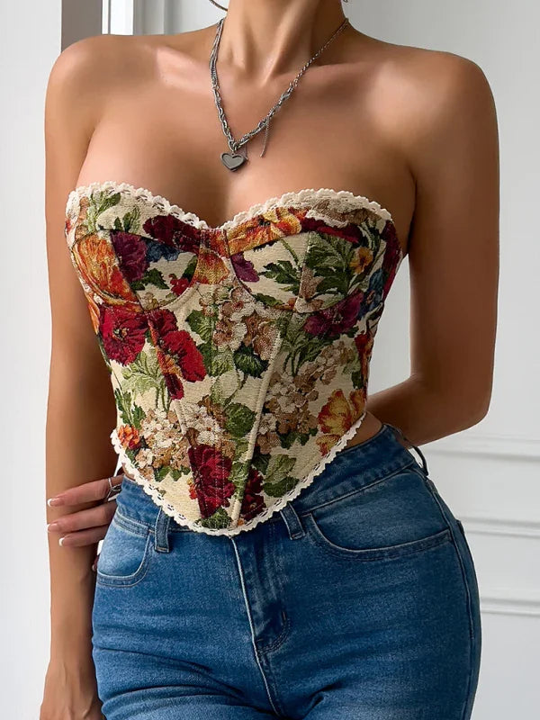 Passaic Street retro flower print chest wrap lace fishbone small vest