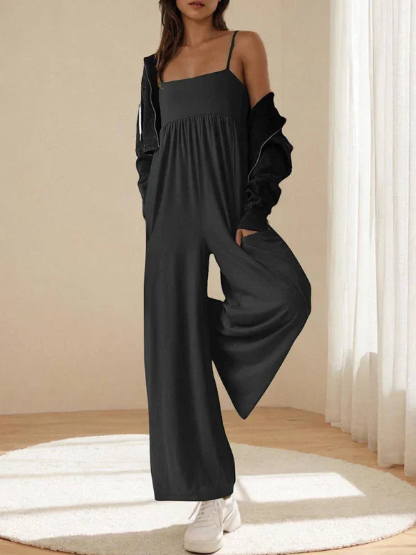 Paola casual suspender sleeveless square neck wide leg jumpsuit