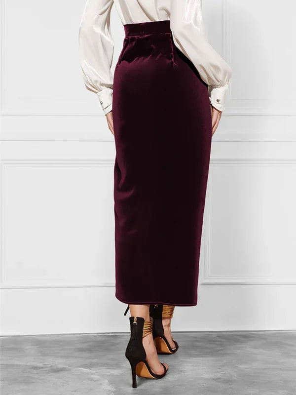 Ivette New solid color twisted skirt slit velvet skirt