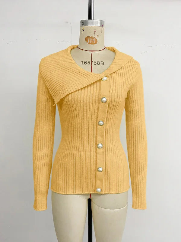 Clinton Pearl embellished solid color asymmetrical V-neck slim-fit sweater