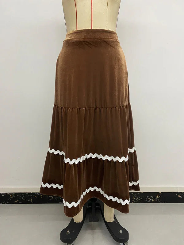 Welnelis Mid-length lace skirt velvet swing A-line skirt