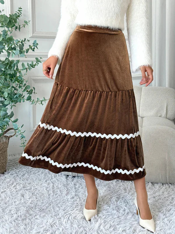 Welnelis Mid-length lace skirt velvet swing A-line skirt