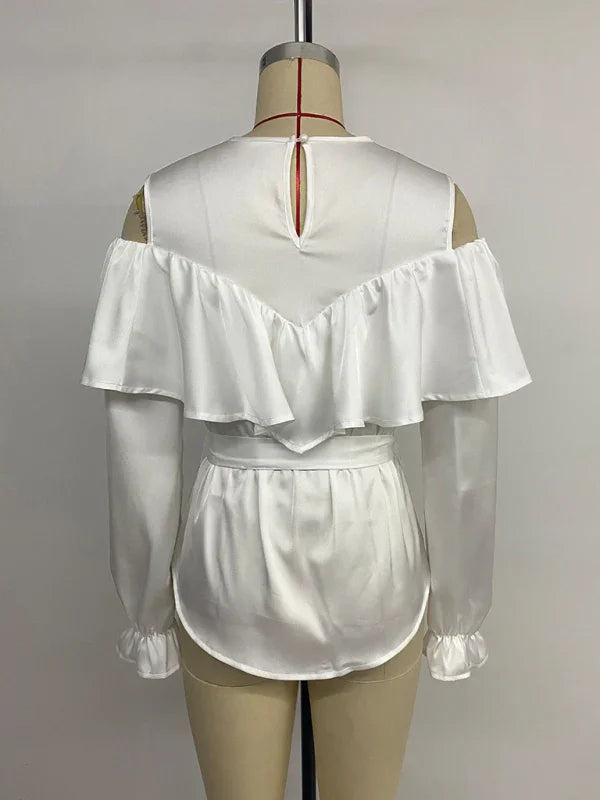 Jenn elegant long-sleeved ruffled off-shoulder tie round neck shirt