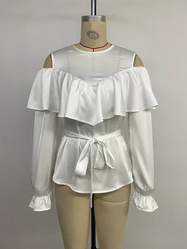 Jenn elegant long-sleeved ruffled off-shoulder tie round neck shirt