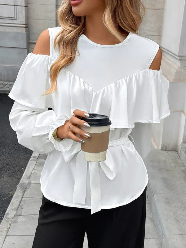 West Village elegant long-sleeved ruffled off-shoulder tie round neck shirt