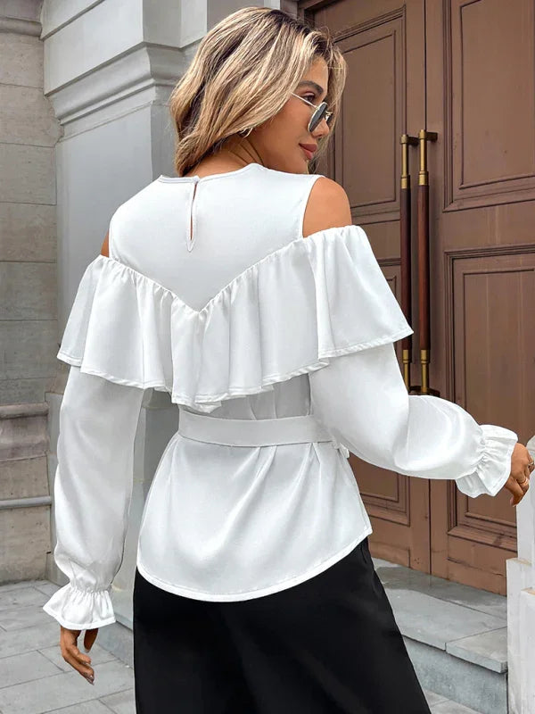 Jenn elegant long-sleeved ruffled off-shoulder tie round neck shirt