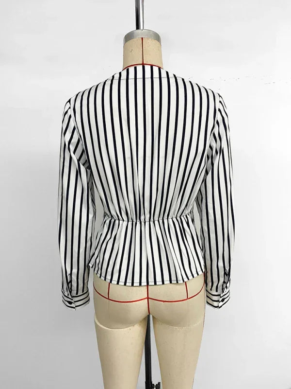 Eveline New casual tops long sleeve waist striped splicing V-neck shirt