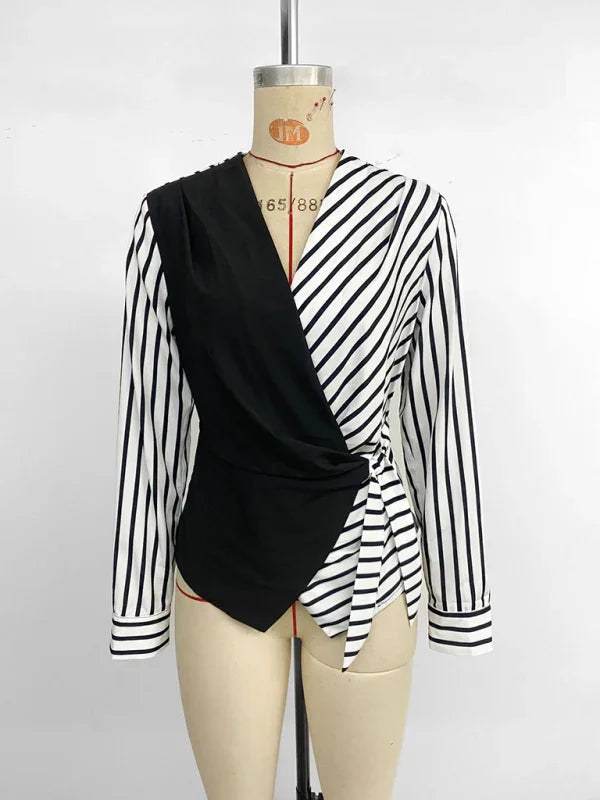 Eveline New casual tops long sleeve waist striped splicing V-neck shirt