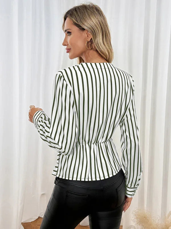 Eveline New casual tops long sleeve waist striped splicing V-neck shirt