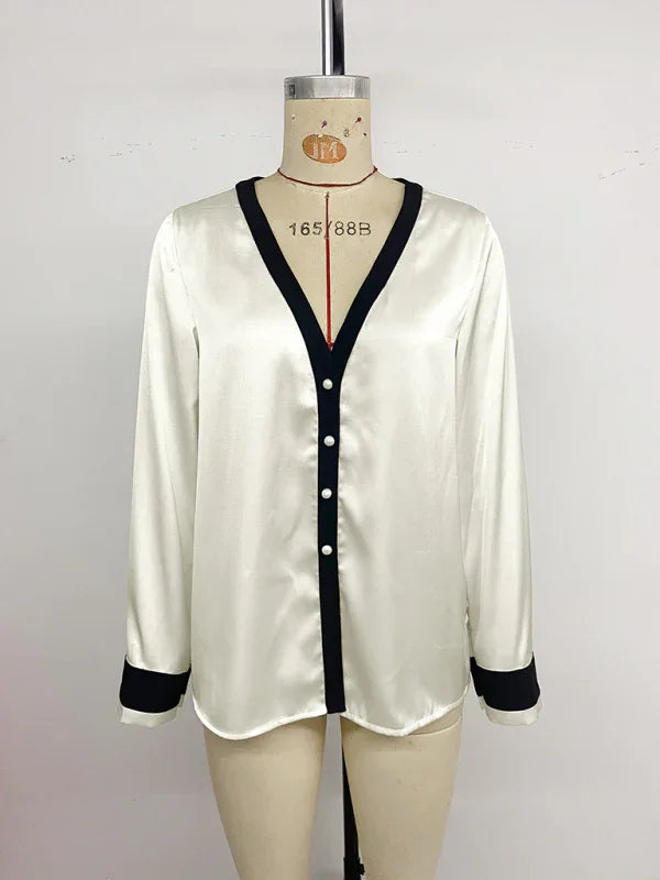 China Pearl button deep V-neck colorblock single-breasted shirt