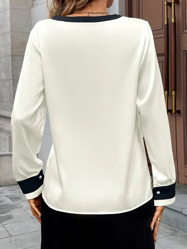 China Pearl button deep V-neck colorblock single-breasted shirt