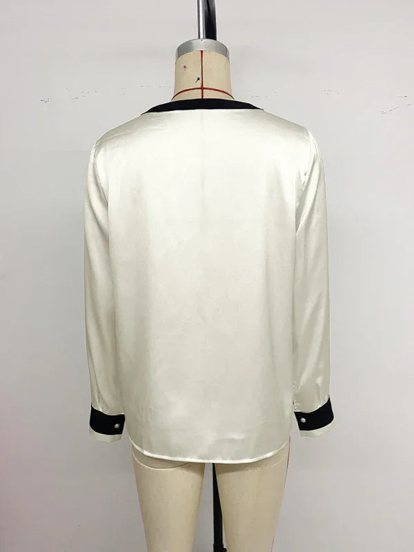 China Pearl button deep V-neck colorblock single-breasted shirt