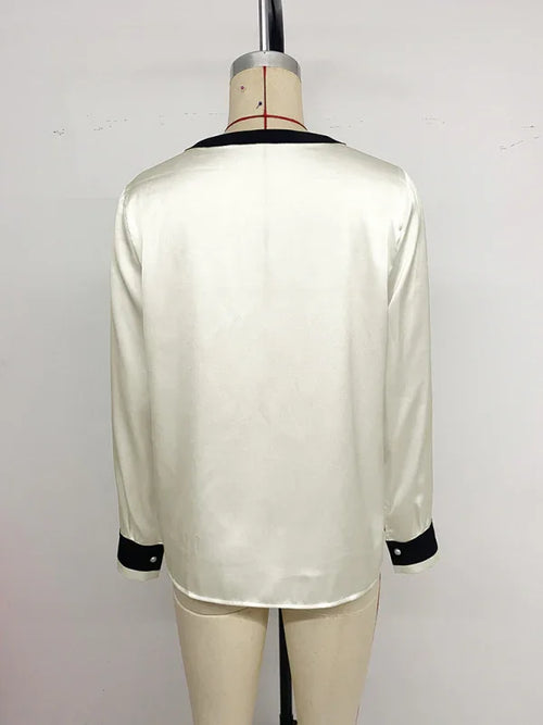China Pearl button deep V-neck colorblock single-breasted shirt